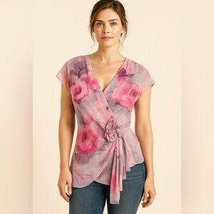 JOHNNY HEAVEN Y2K vintage Fairy romantic 3-D  floral mesh blouse womens size S